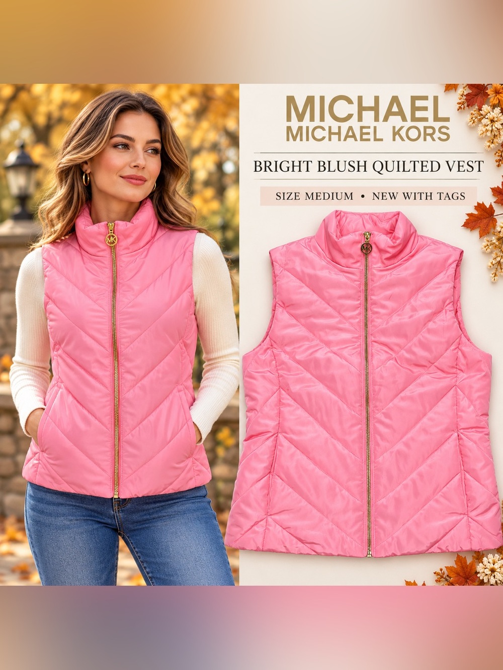 Michael Kors Pink Quilted Puffer Vest with Gold Hardware